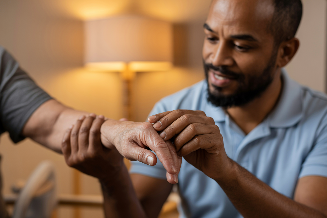 Compassionate therapist supporting a patient during rehabilitation